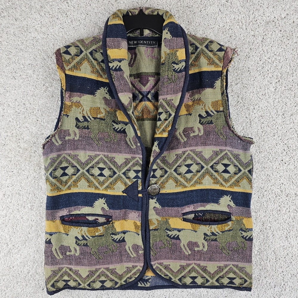 Vintage New Identity Horse Tapestry Cut Off Sleeve Sweater Western Aztec Sz XL